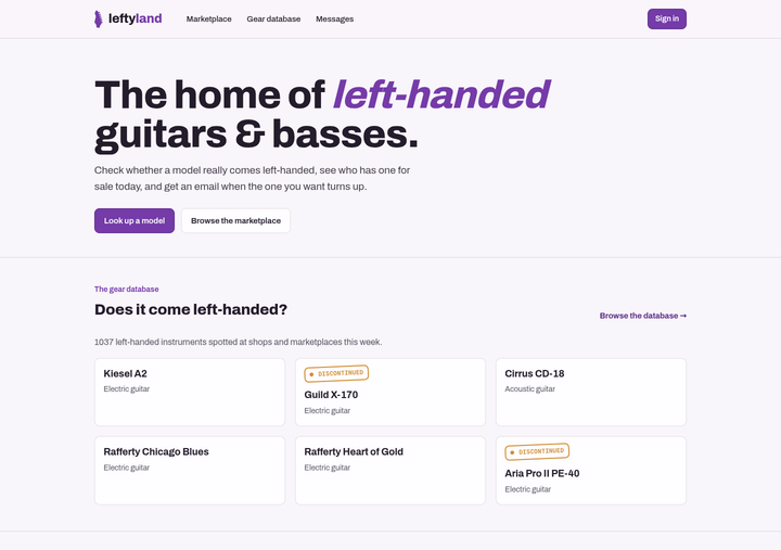 The Leftyland site: "The home of left-handed guitars & basses" above a gear database asking "Does it come left-handed?".