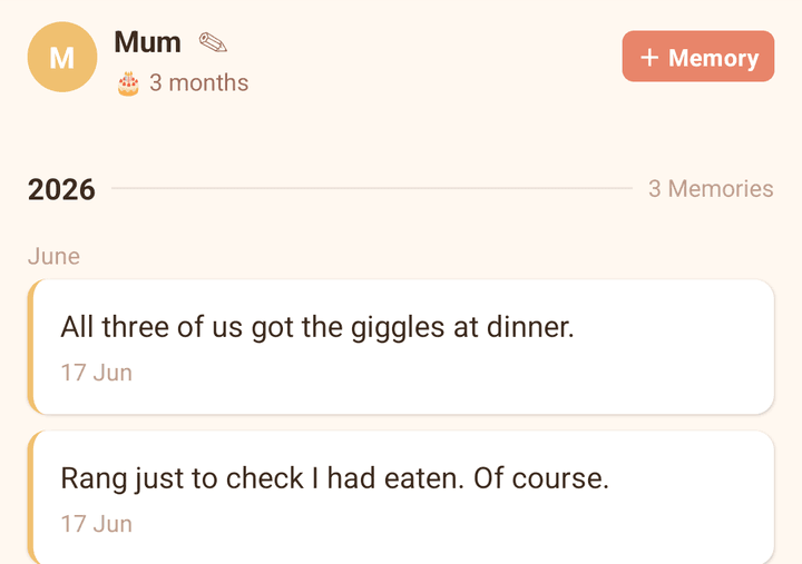 The Memory Jar app: a jar called Mum holding little memories like "all three of us got the giggles at dinner".